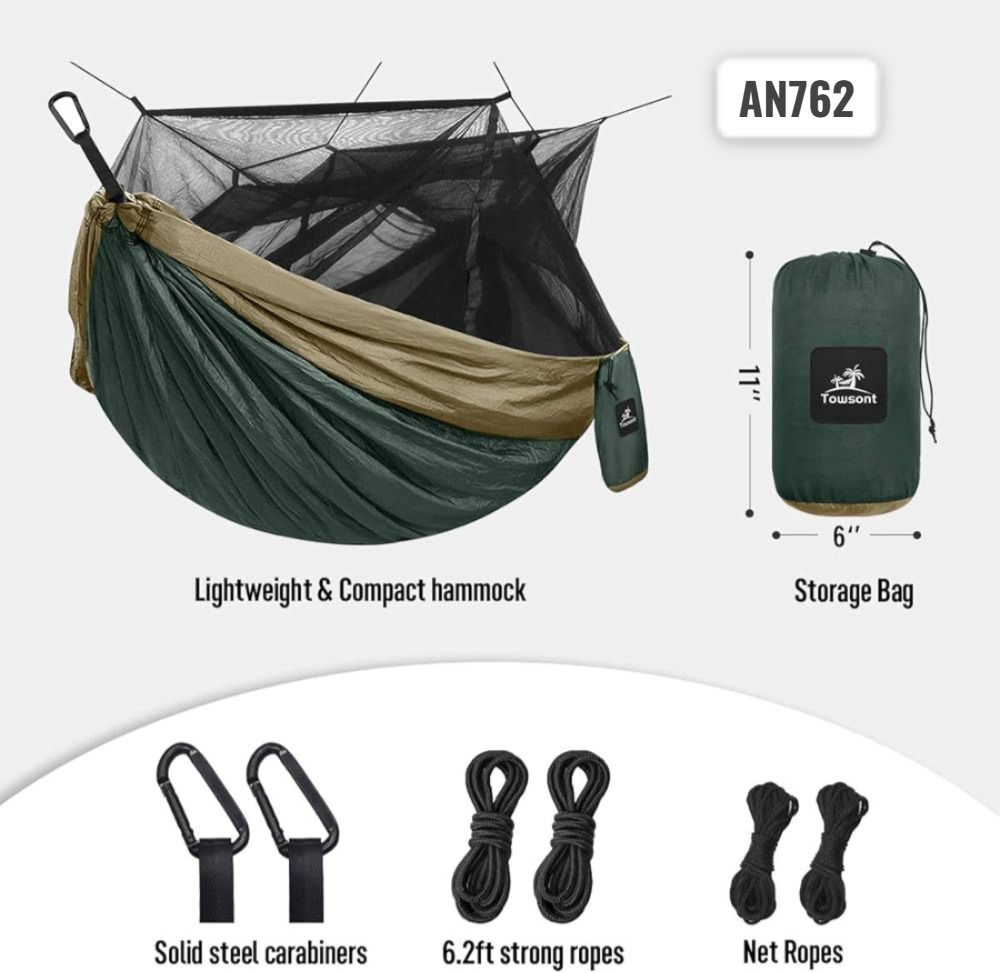 Hamaca de camping c/ mosquitero, cuerdas, mosqueton